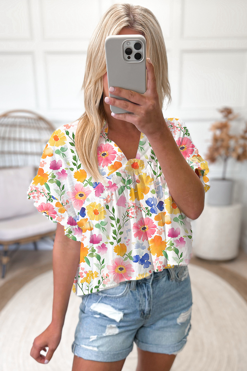 Yellow Allover Floral Print Boxy Fit V Neck Blouse - The Fair Lady Shop
