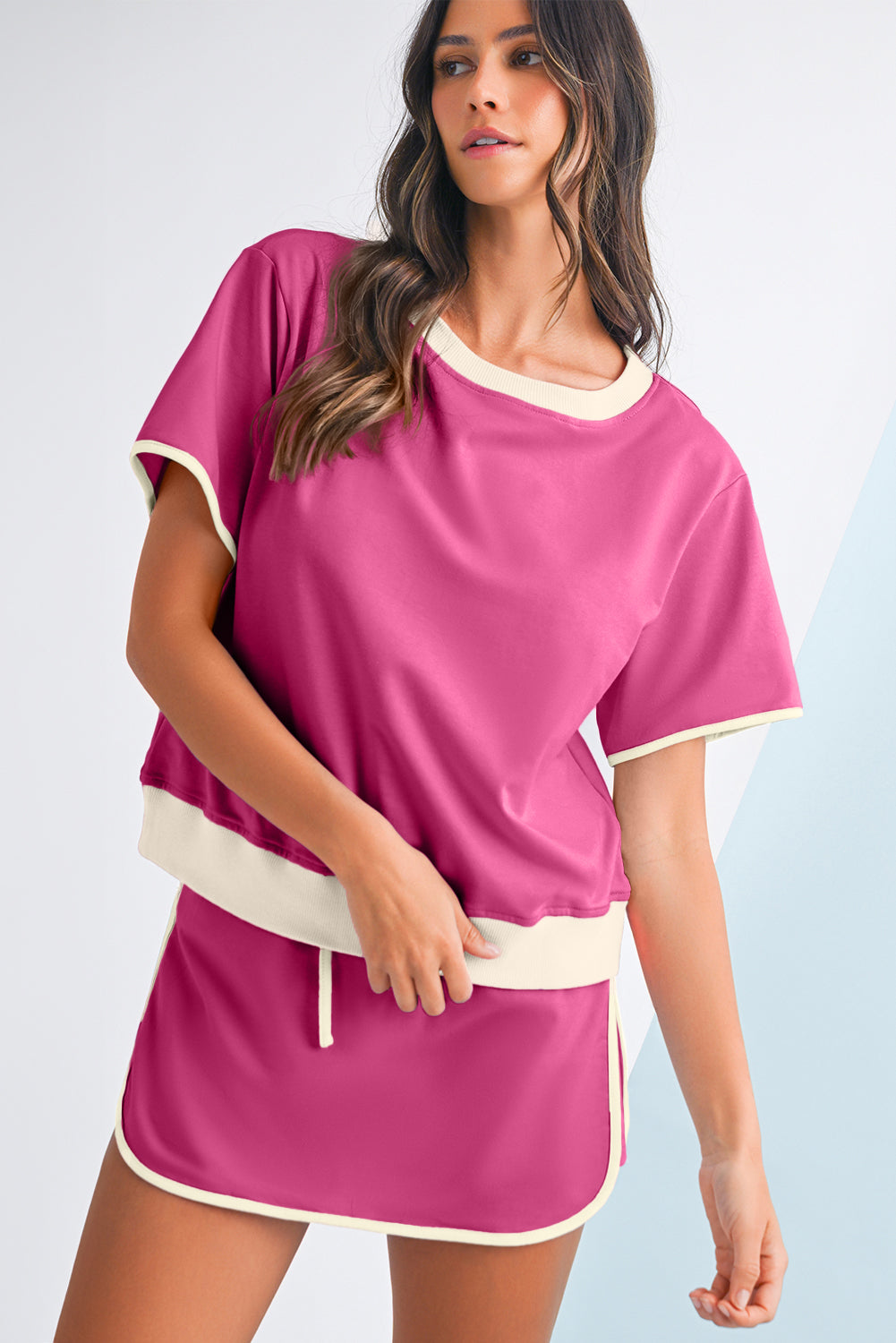 Rose Red Colorblock Edge Drop Shoulder T Shirt and Skort Set