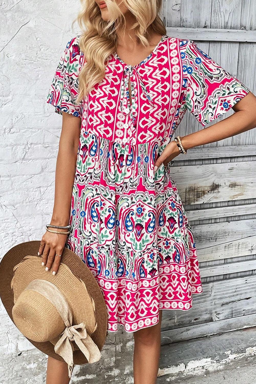 Orange Bohemian Tie Neck Flounce Sleeve Ruffle Hem Mini Dress - The Fair Lady Shop