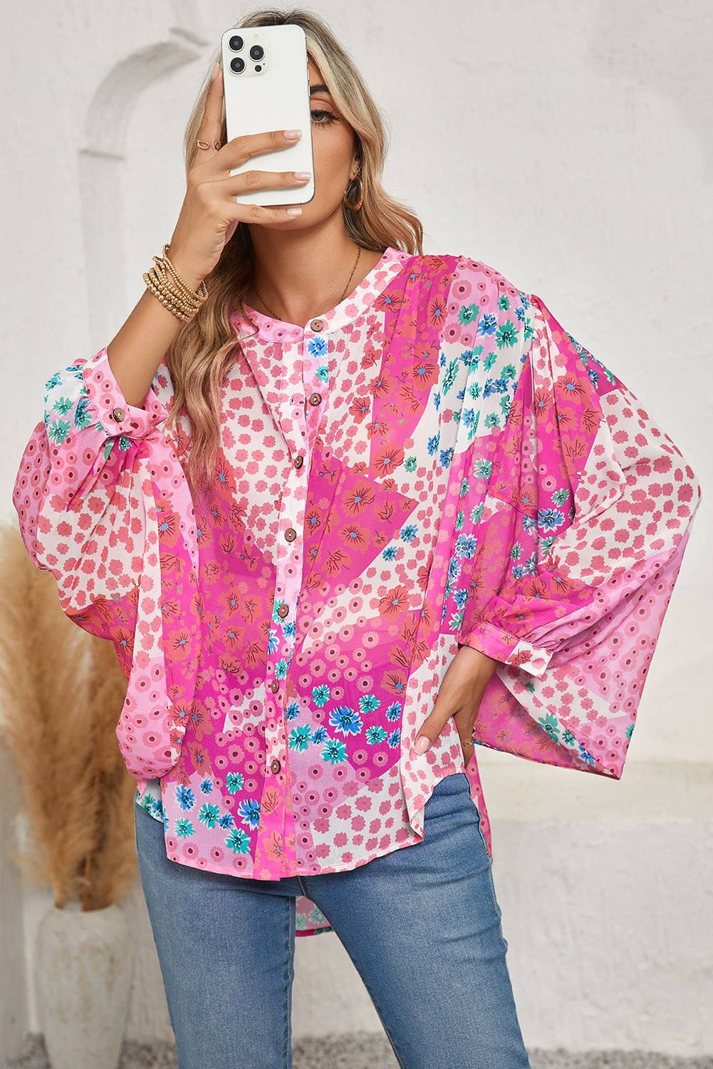 Rose Red Floral Print Dolman Sleeve Blouse - The Fair Lady Shop