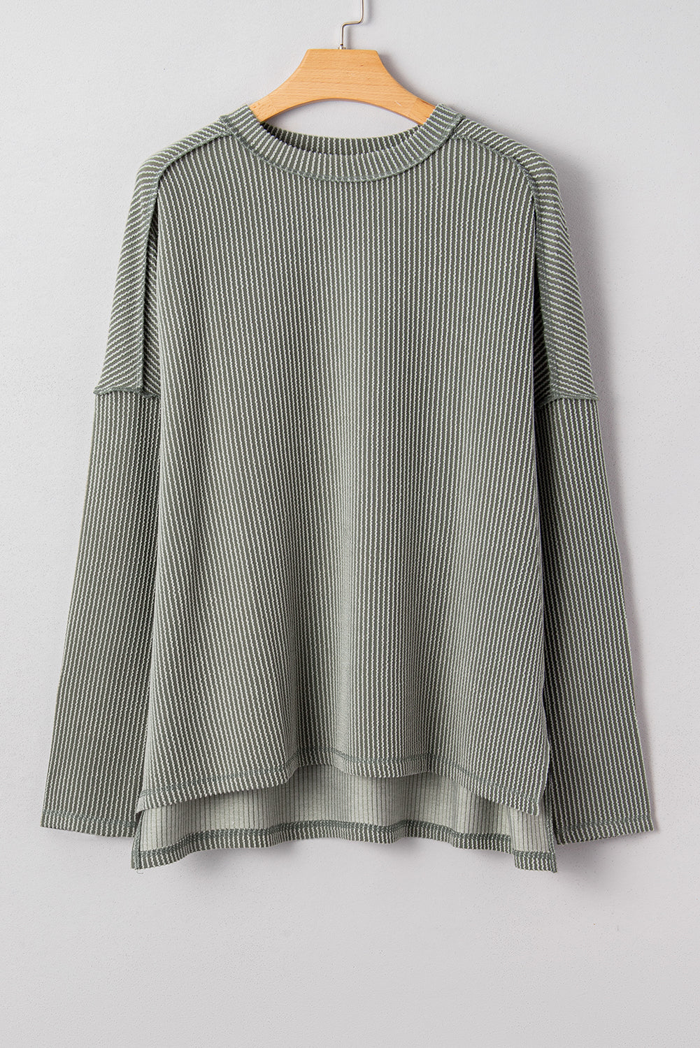 Green Bay Twisted Rib Exposed Seam Detail Long Sleeve Loose Top