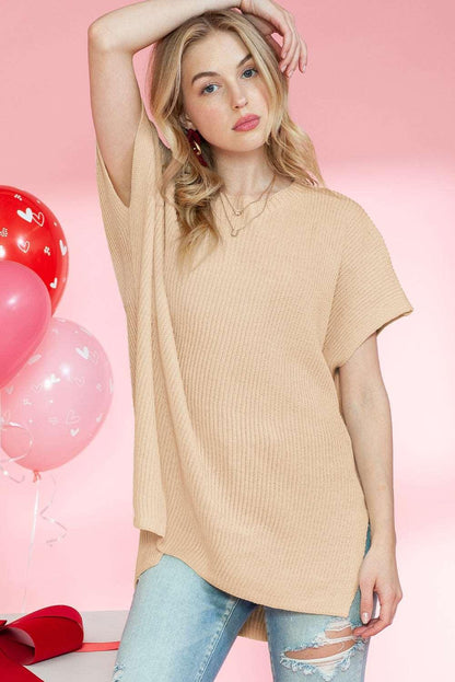 Apricot Side Slit Short Sleeve Oversized Sweater - The Fair Lady Shop