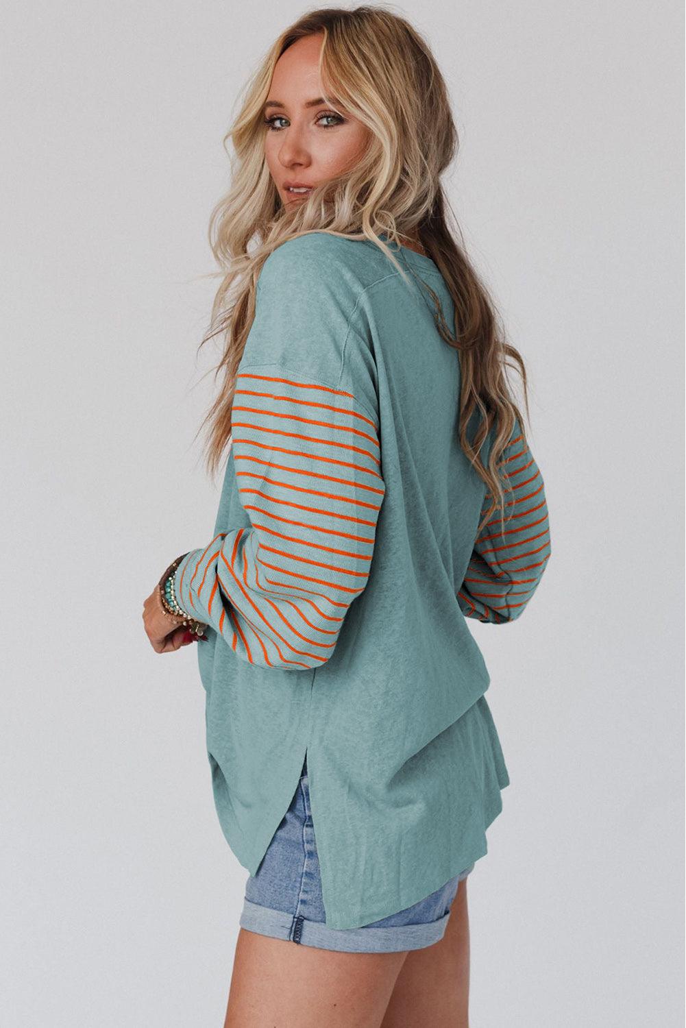 Green Colorblock Striped Bishop Sleeve Top with Side Slits - The Fair Lady Shop