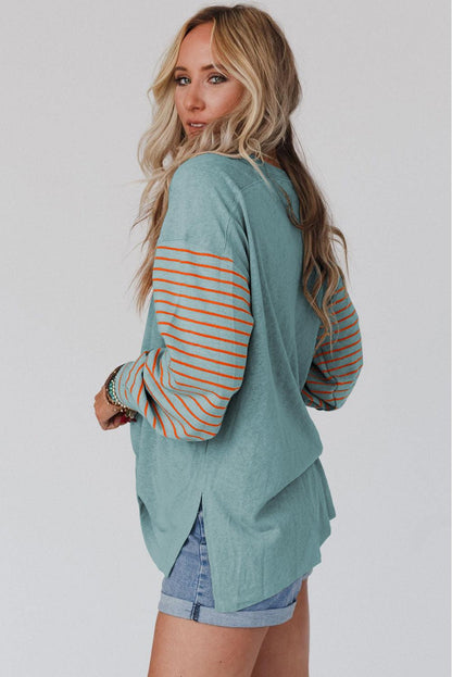 Green Colorblock Striped Bishop Sleeve Top with Side Slits - The Fair Lady Shop