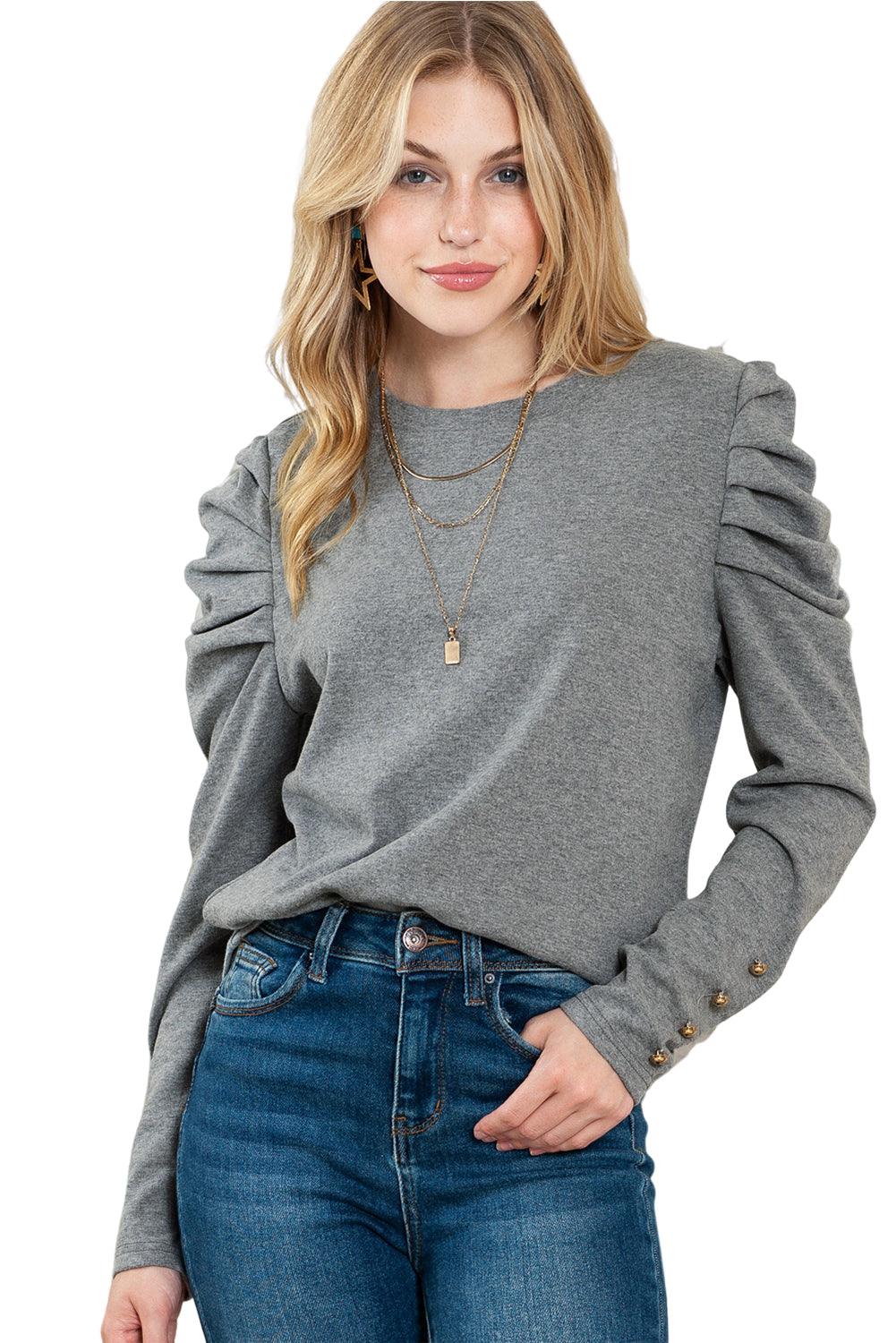 Khaki Plain Buttoned Puff Long Sleeve Sheath Top - The Fair Lady Shop