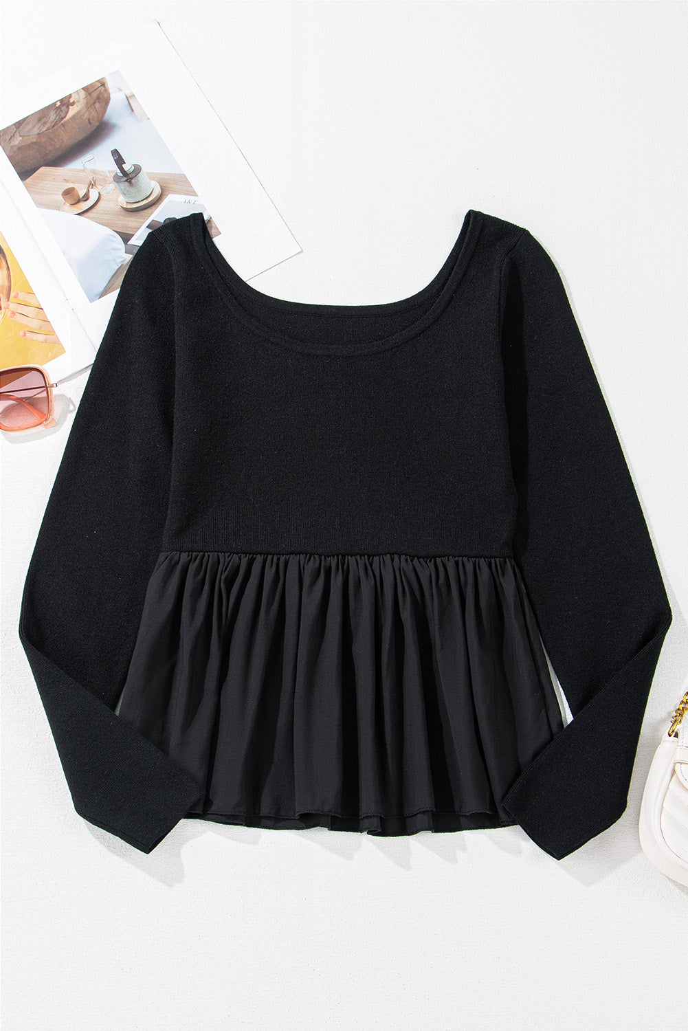 Black Pleated Hem Long Sleeve Ribbed Knit Top - The Fair Lady Shop
