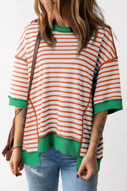 Pink Stripe Colorblock Drop Sleeve Oversized T Shirt - The Fair Lady Shop