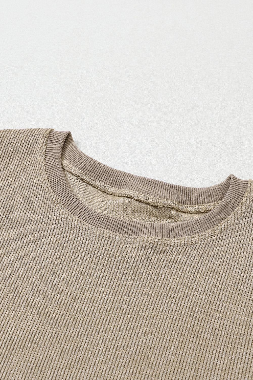 Khaki Solid Ribbed Round Neck Pullover Sweatshirt - The Fair Lady Shop