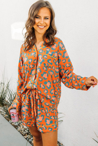 Orange Leopard Print Long Sleeve Shirt and Shorts Pajama Set - The Fair Lady Shop