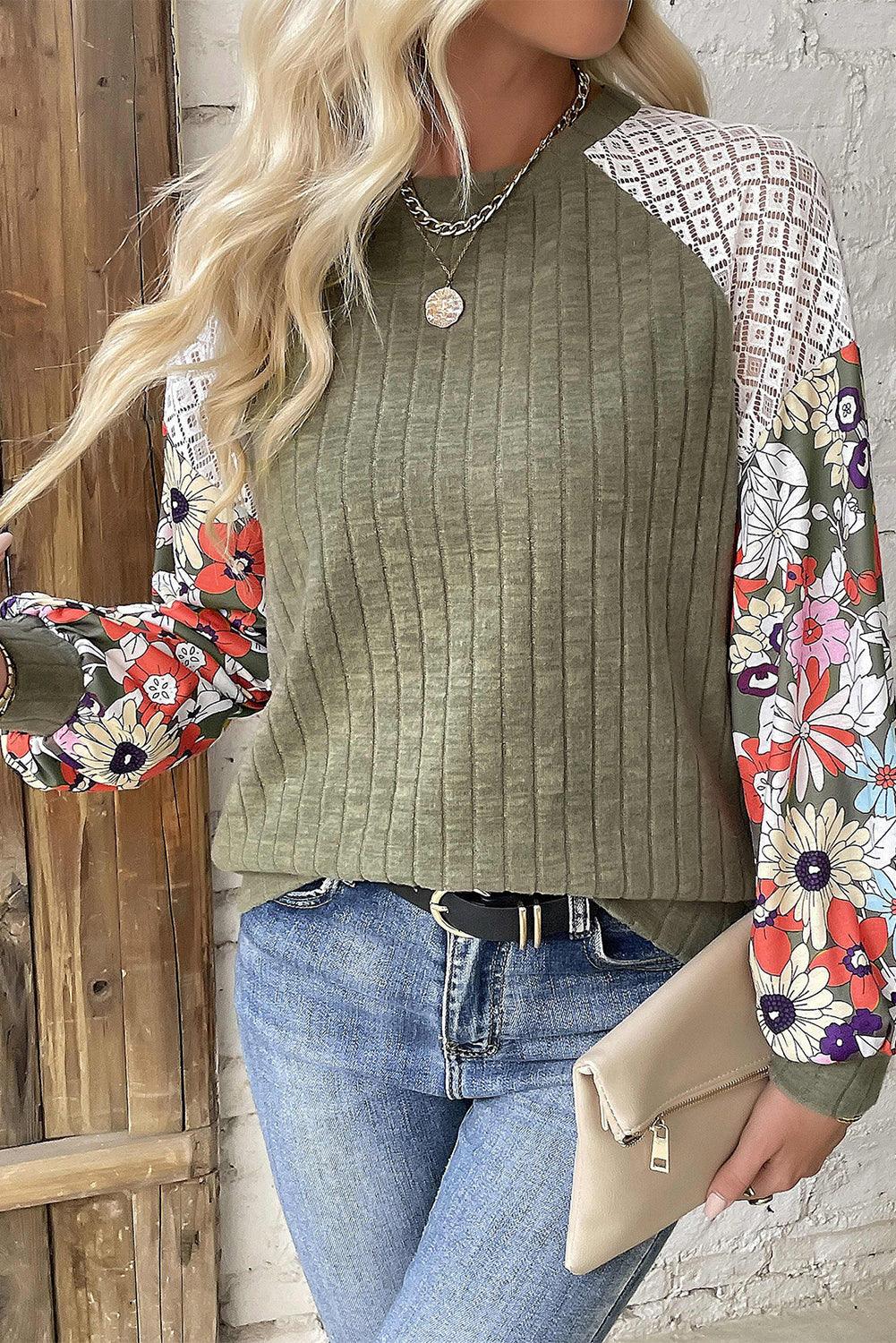 Laurel Green Floral Patchwork Raglan Sleeve Ribbed Blouse - The Fair Lady Shop