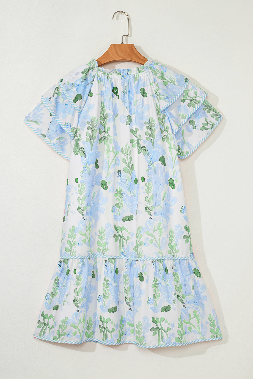 Sky Blue Floral Contrast Edge Ruffle Sleeve Tie Neck Mini Dress - The Fair Lady Shop