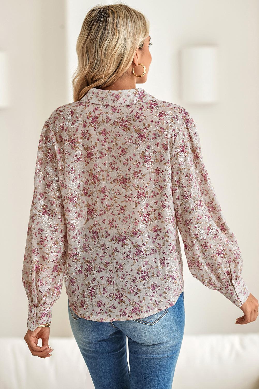 Pink Ditsy Floral Print Bishop Sleeve Collared V Neck Shirt - The Fair Lady Shop