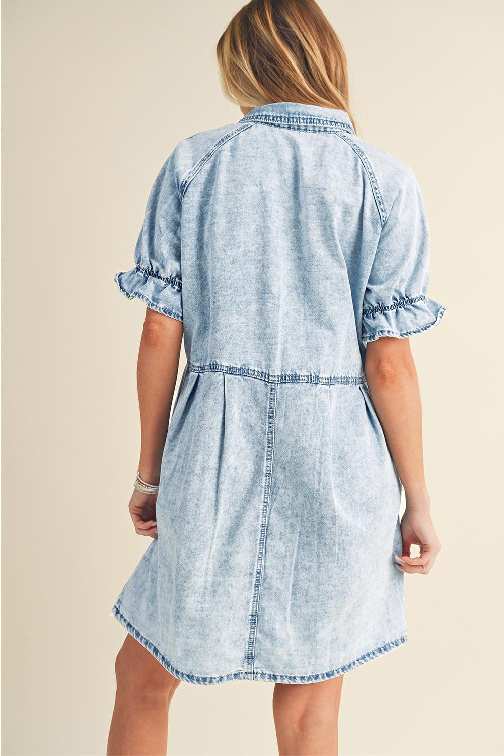Blue Mineral Washed Ruffled Short Sleeve Pocketed Denim Dress - The Fair Lady Shop
