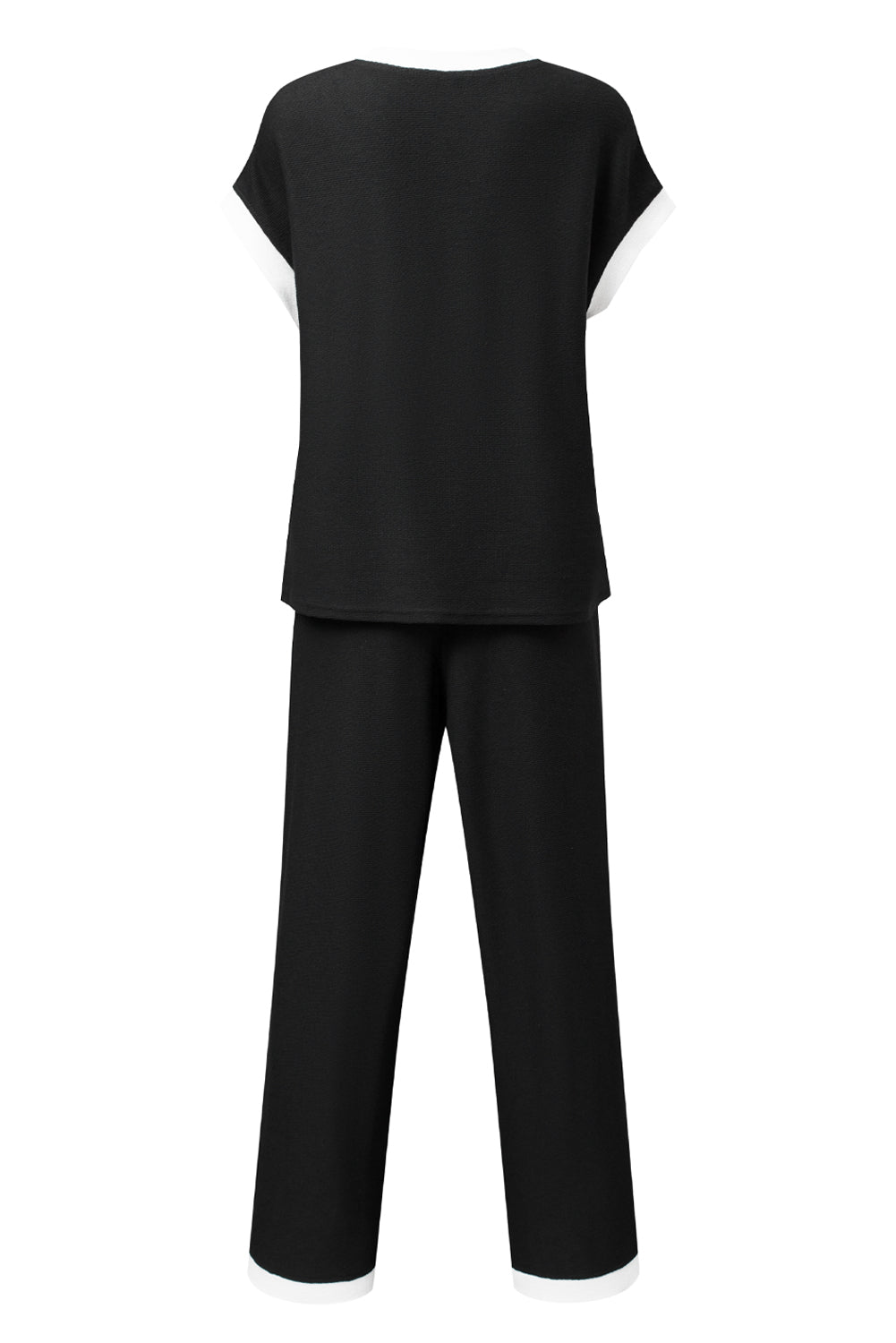 Black Contrast Trim Pocket T Shirt and Wide Leg Pants Set - The Fair Lady Shop
