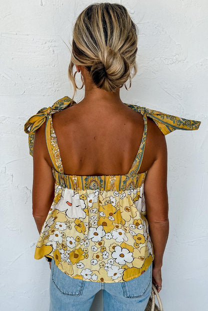 Yellow Floral Patchwork Boho Knot Straps Top - The Fair Lady Shop