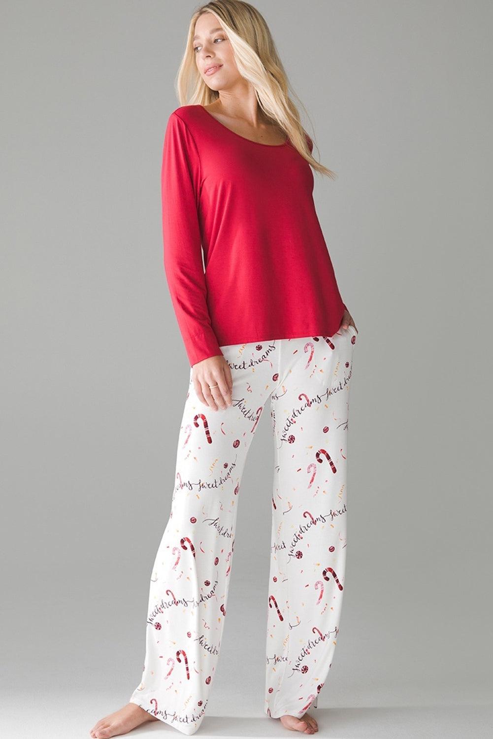 Red Solid Top and Christmas Print Pants Pajama Set - The Fair Lady Shop