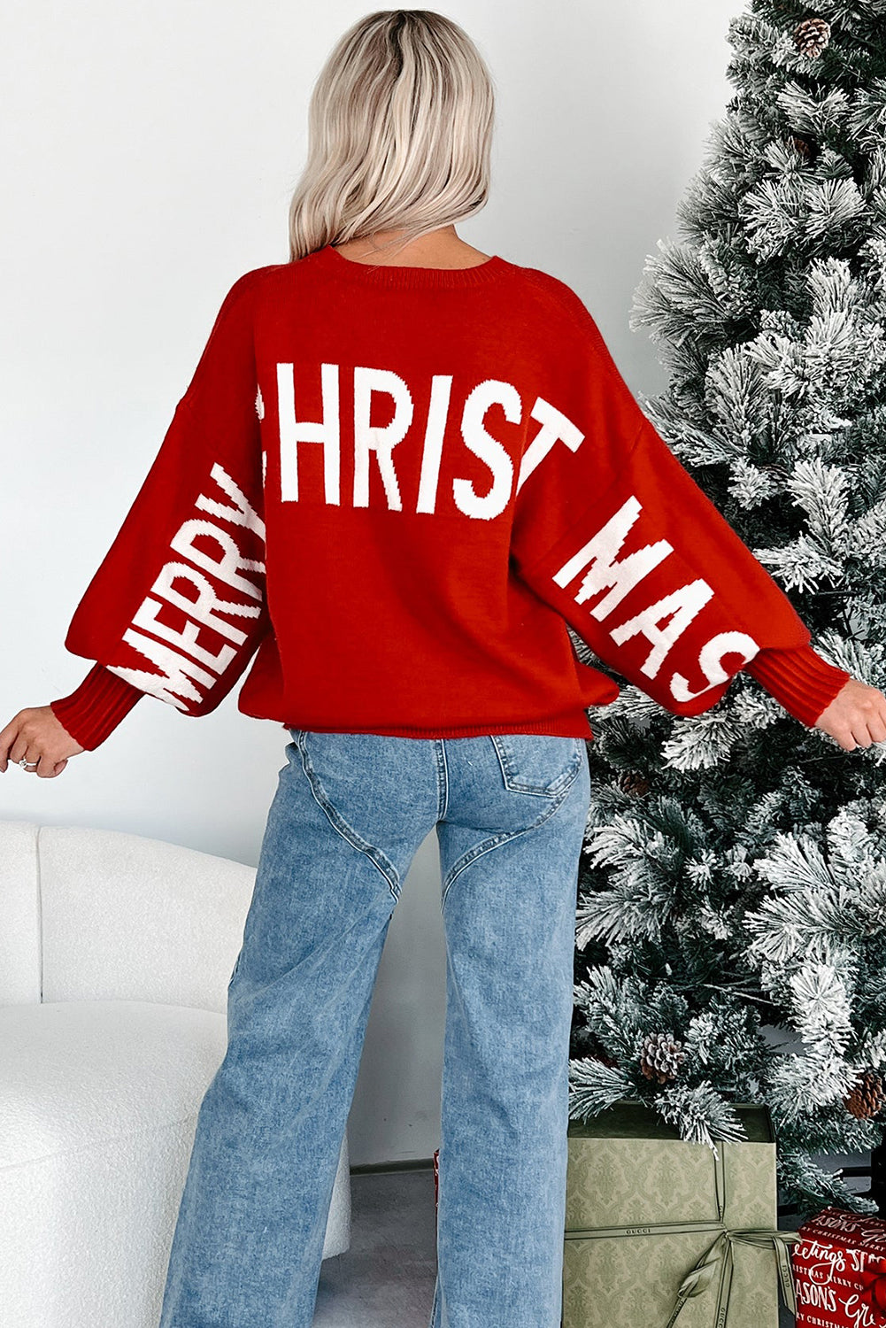 Fiery Red MERRY CHRISTMAS HO HO HO Drop Shoulder Loose Sweater