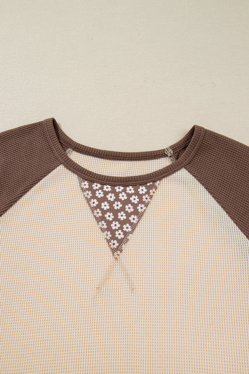 Brown Floral Print Patchwork Colorblock Long Sleeve Top