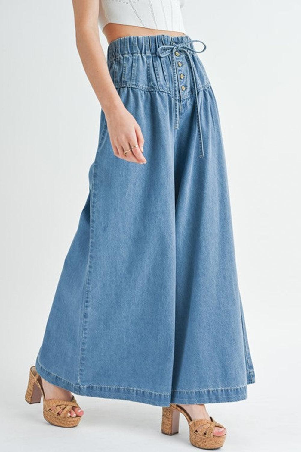 Dusk Blue Mineral Wash Button High Waist Wide Leg Jeans - The Fair Lady Shop