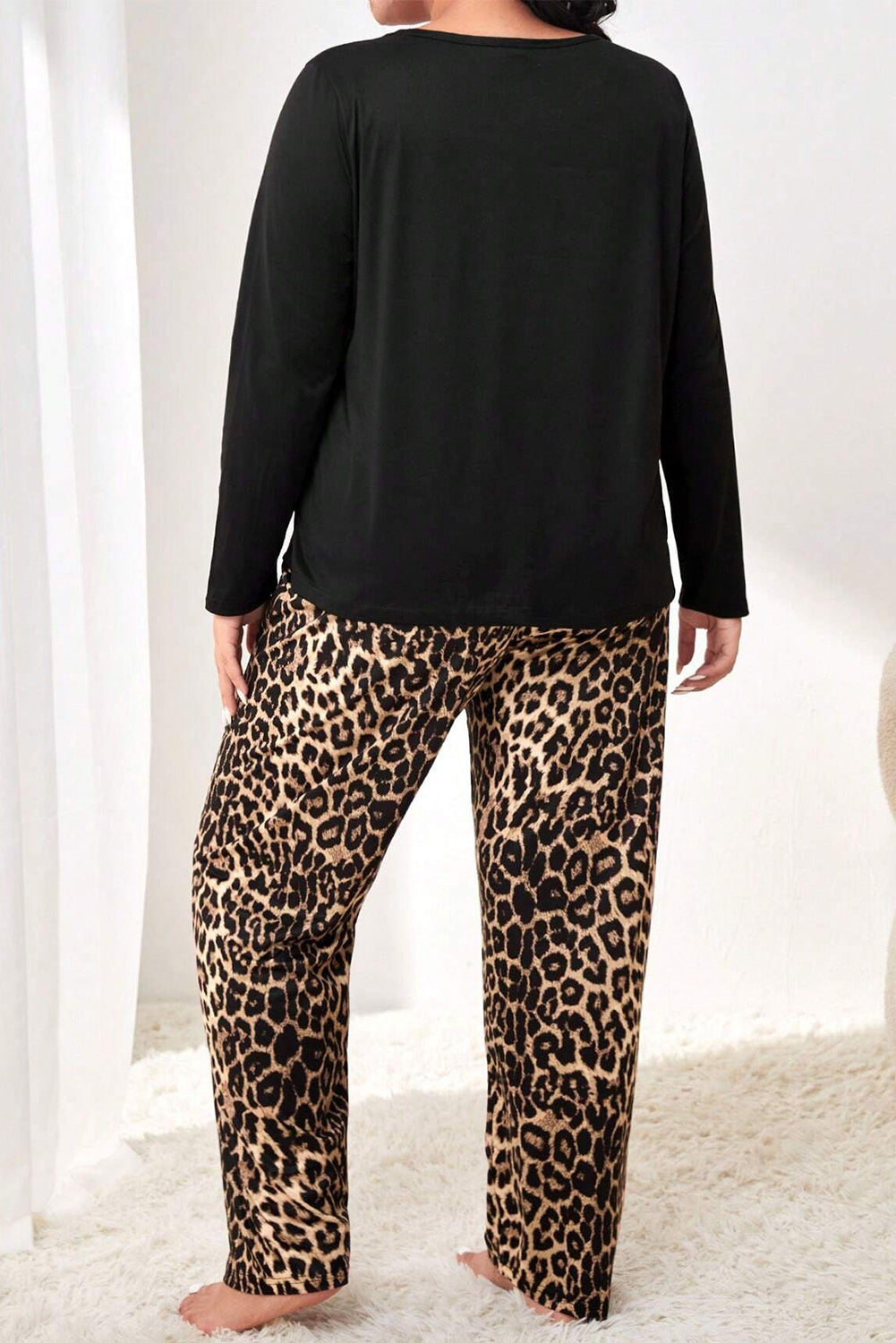 Black Leopard Patched Pocket Long Sleeve Top Plus Size Pajama Set - The Fair Lady Shop