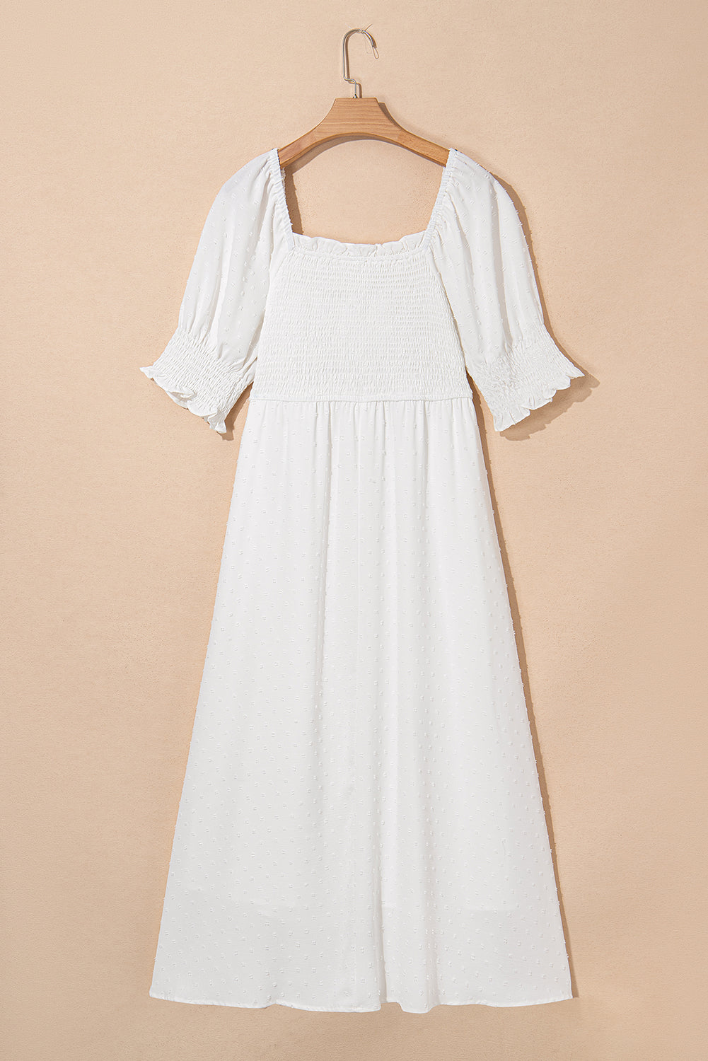 White Swiss Dot Smocked Frill Square Neck Plus Size Dress - The Fair Lady Shop