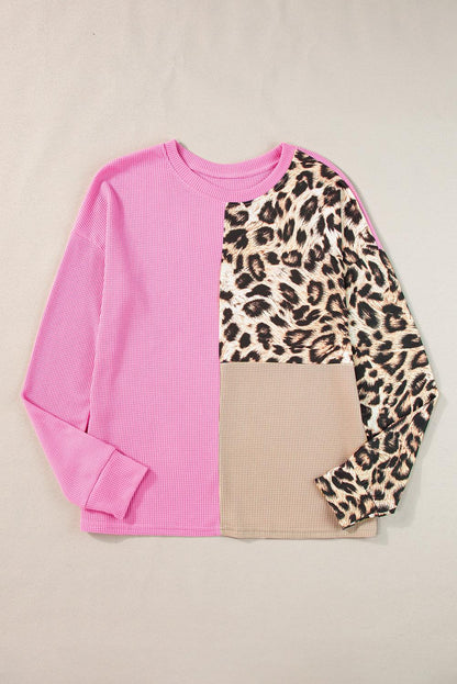 Bonbon Casual Waffle Knit Leopard Contrast Long Sleeve Top - The Fair Lady Shop