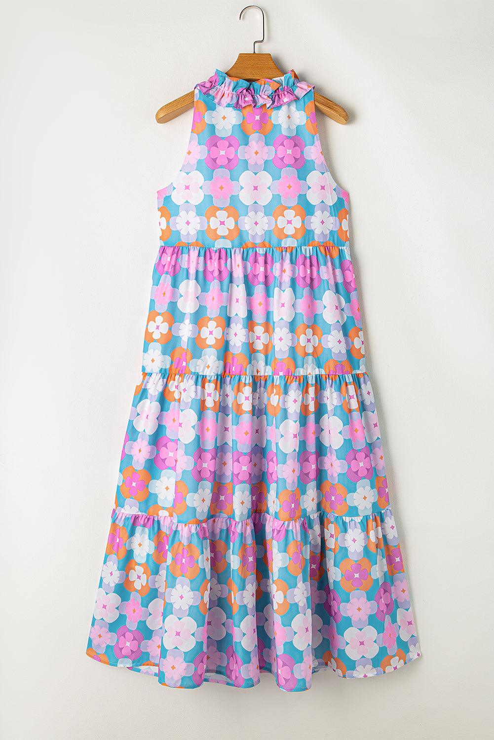 Sky Blue 60s Flower Split Neck Sleeveless Tiered Maxi Dress - The Fair Lady Shop
