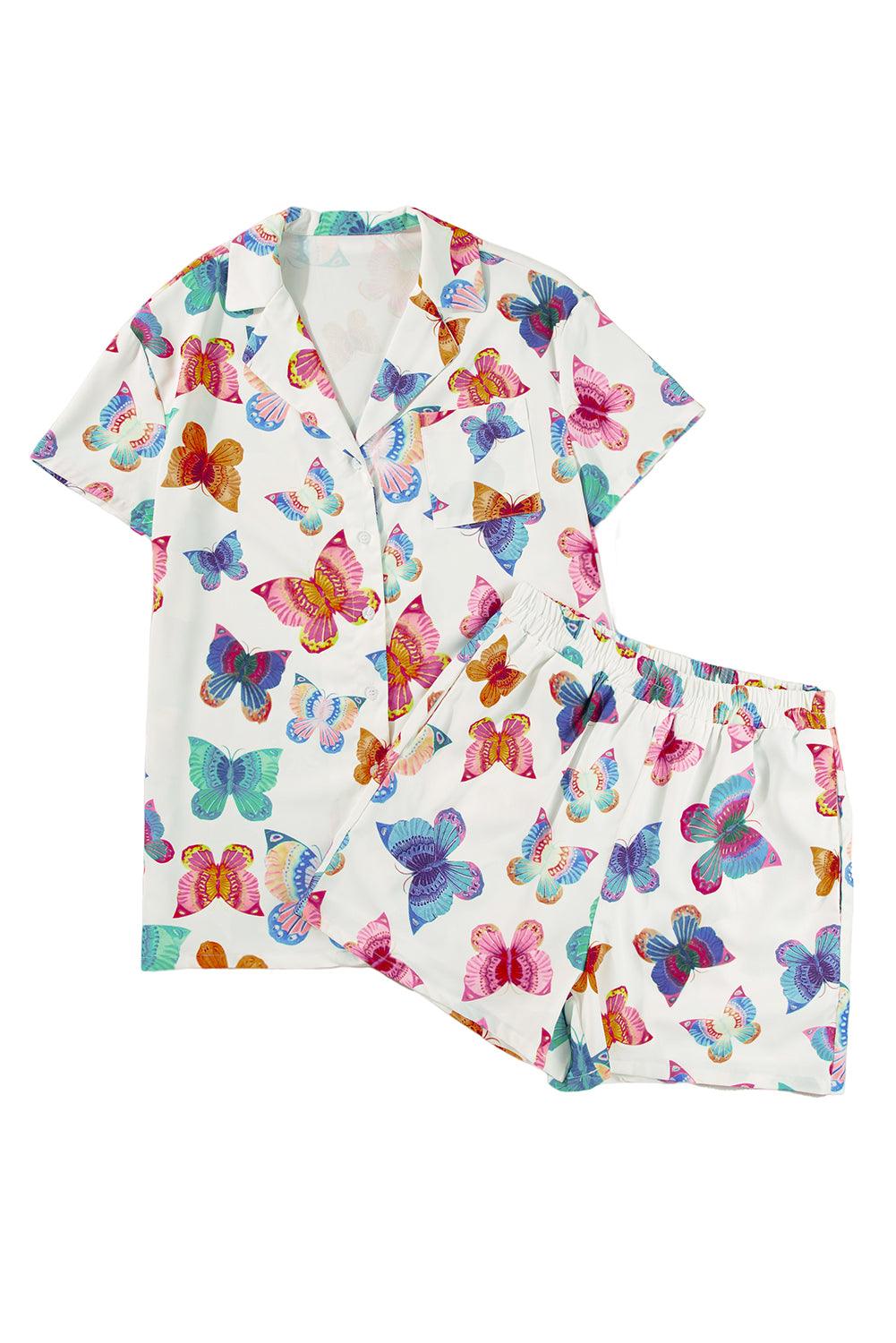 Multicolour Butterfly Print Button-up Shirt & Shorts Pajama Set - The Fair Lady Shop