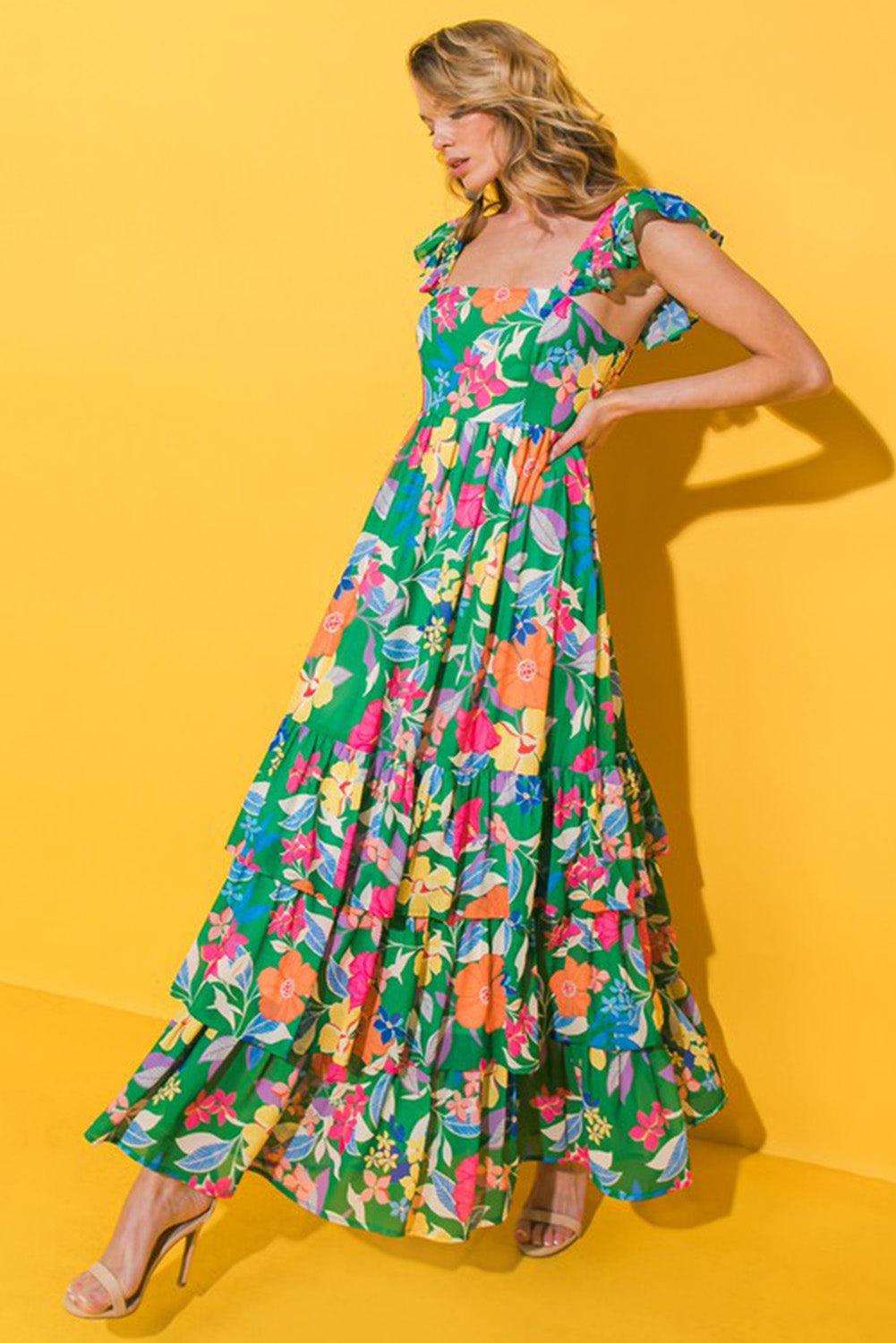 Pink Floral Print Sleeveless Ruffle Tiered Maxi Dress - The Fair Lady Shop