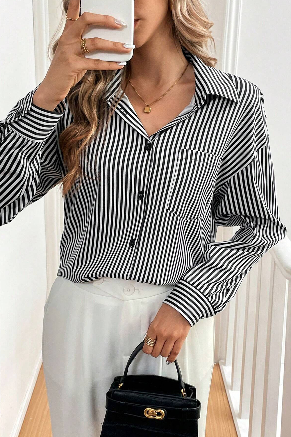 Black White Striped Button Down Bow Back Long Sleeve Shirt - The Fair Lady Shop