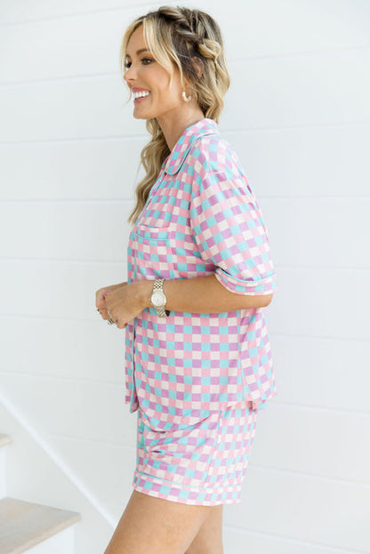 Purple Checkered Pattern Short Sleeve Pajamas Set - The Fair Lady Shop