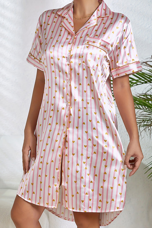 Pink Heart Print Striped Short Sleeve Button Up Pajama Dress - The Fair Lady Shop