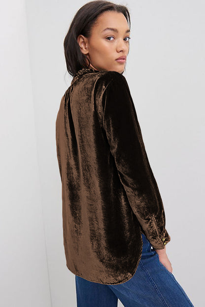 Desert Palm Frilled Neck Buttoned Front Velvet Top - The Fair Lady Shop