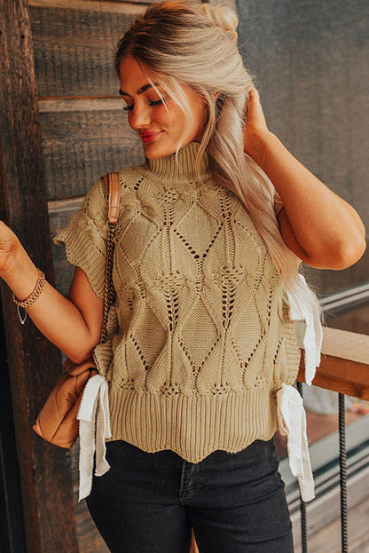 Light French Beige Hollowed Knit Scalloped Trim High Neck Sweater - The Fair Lady Shop