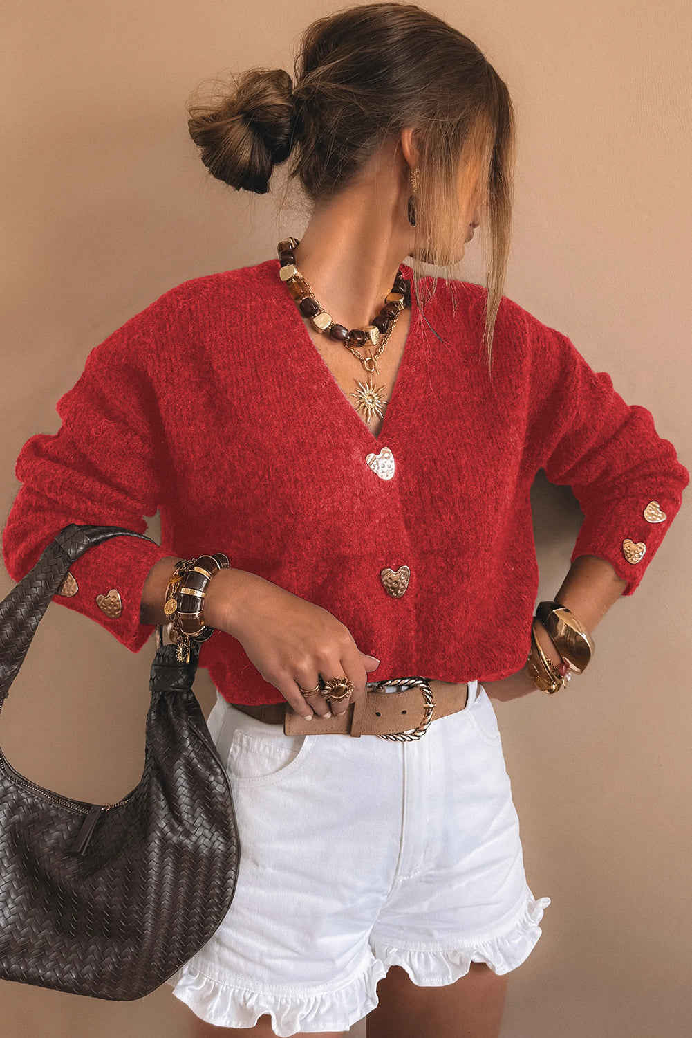 Fiery Red Heart Metal Button V Neck Cardigan Sweater