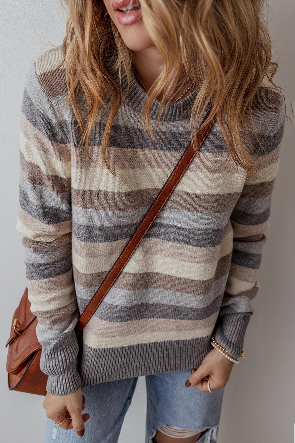 Gray Striped Ribbed Edge Round Neck Sweater - The Fair Lady Shop