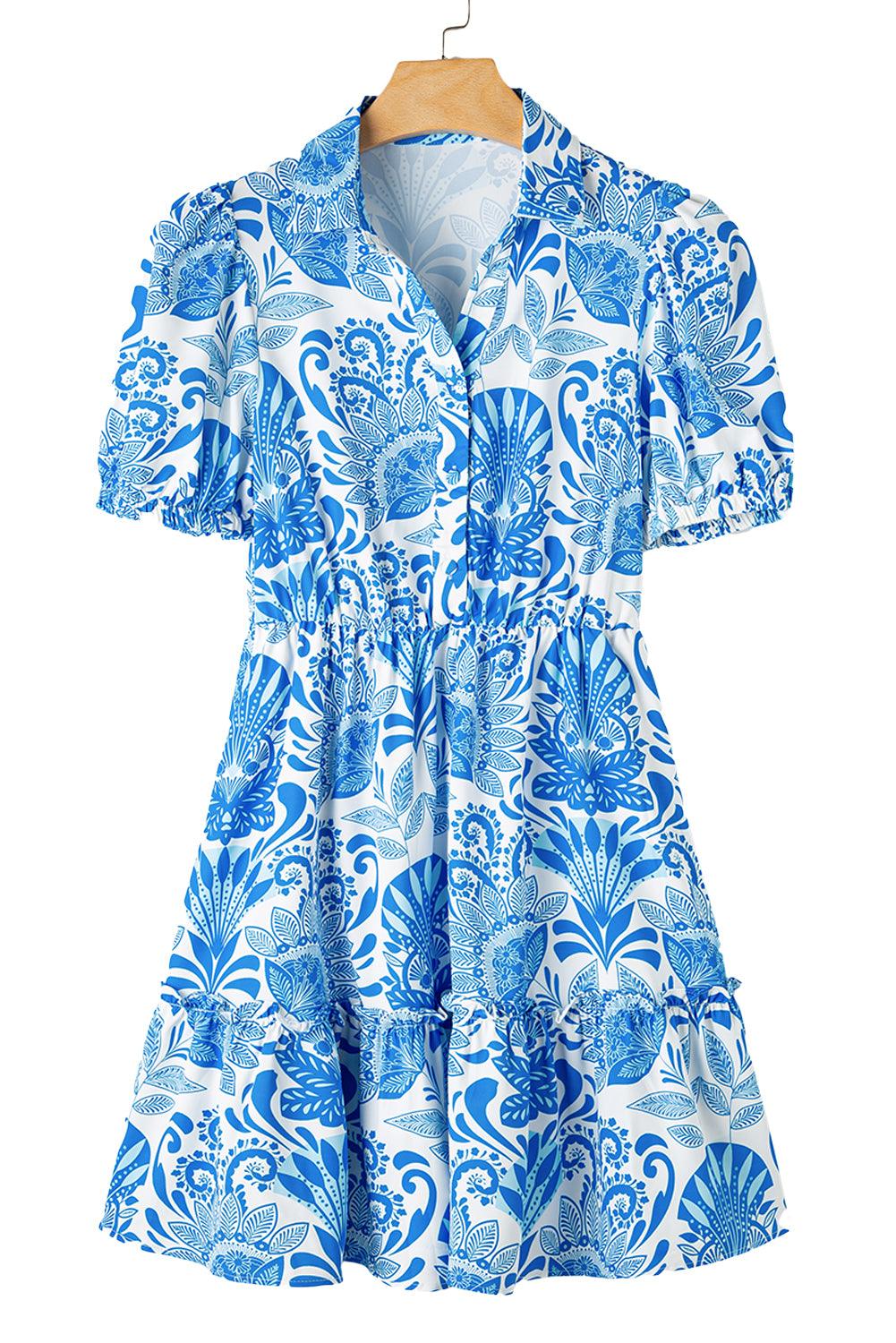 Sky Blue Boho Floral Print Frill Tiered Mini Dress - The Fair Lady Shop