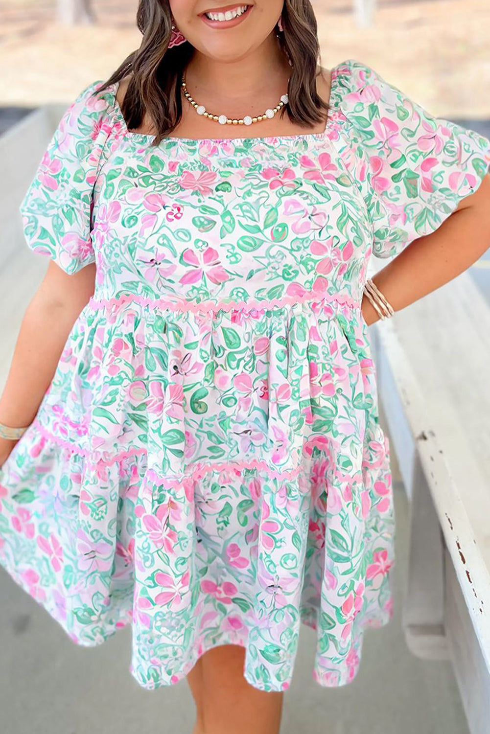 White Floral Print Ric-rac Trim Square Neck Plus Size Mini Dress - The Fair Lady Shop