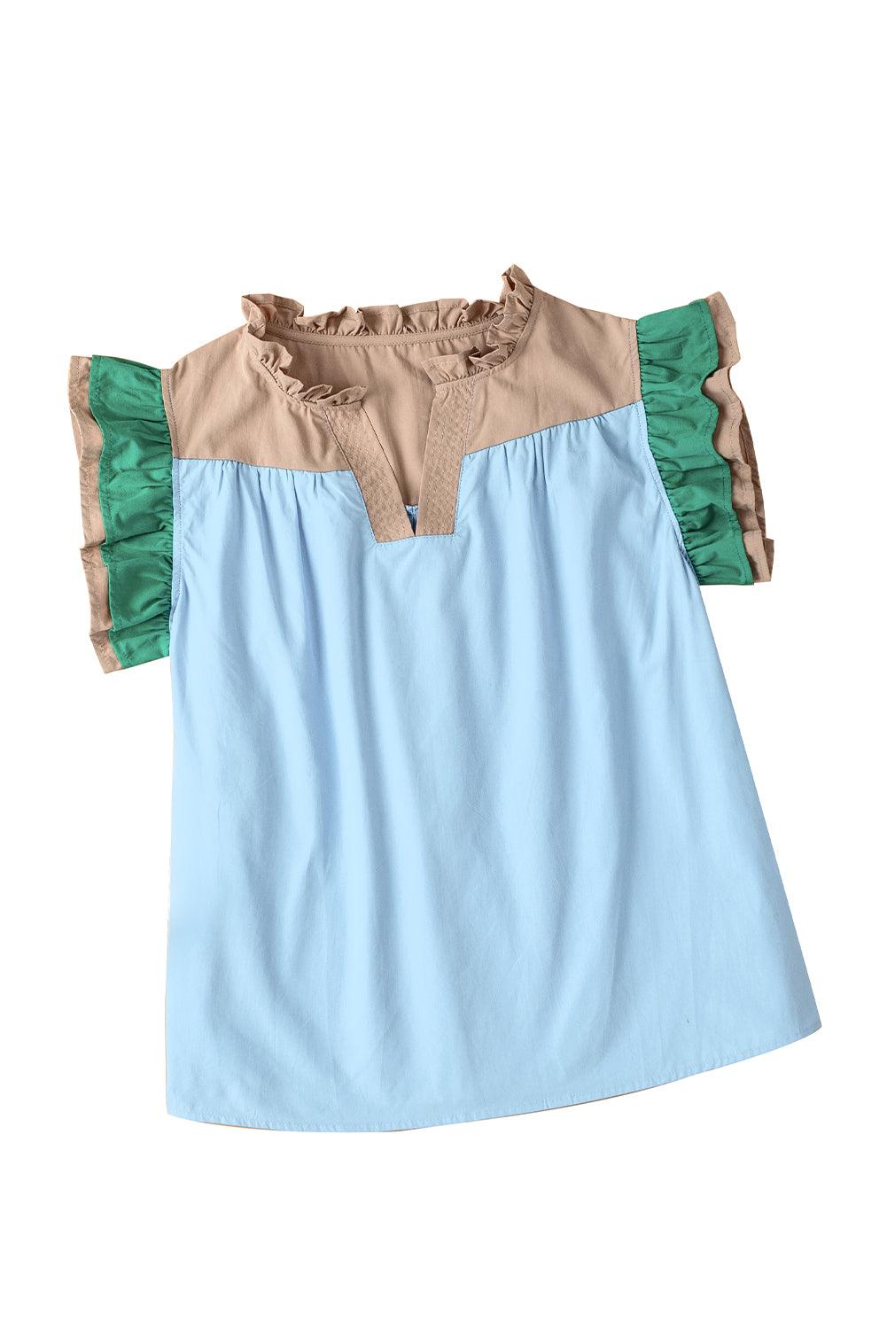 Mist Blue Colorblock Ruffled Sleeve Frill V Neck Blouse - The Fair Lady Shop