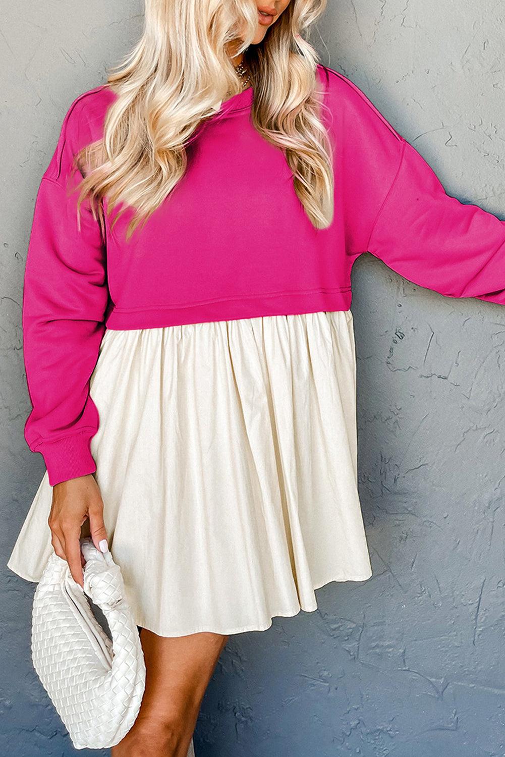 Khaki Sweatshirt Colorblock Flowy Pleated Mini Dress - The Fair Lady Shop