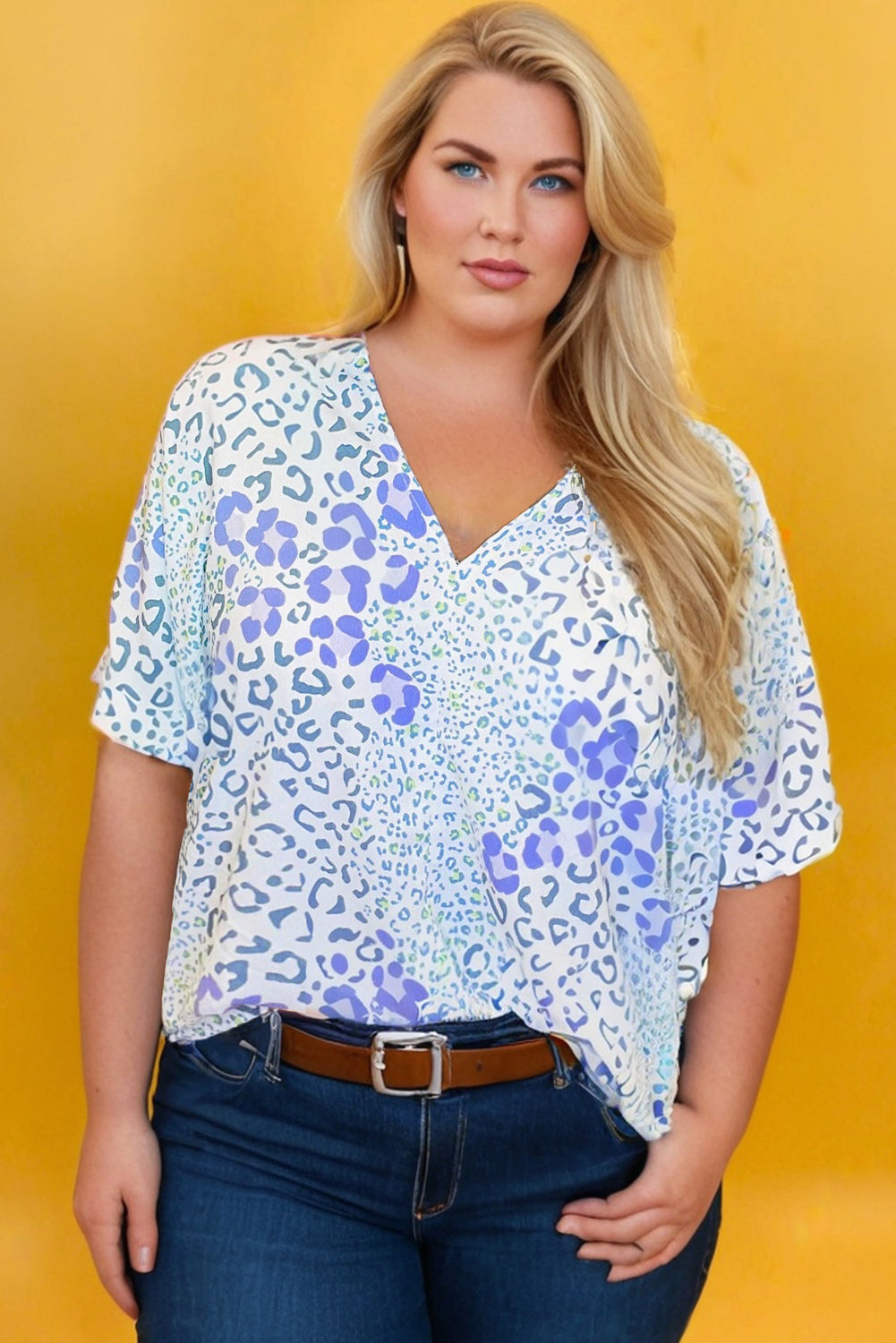 Sky Blue Leopard Print V Neck Short Sleeve Plus Size Top - The Fair Lady Shop