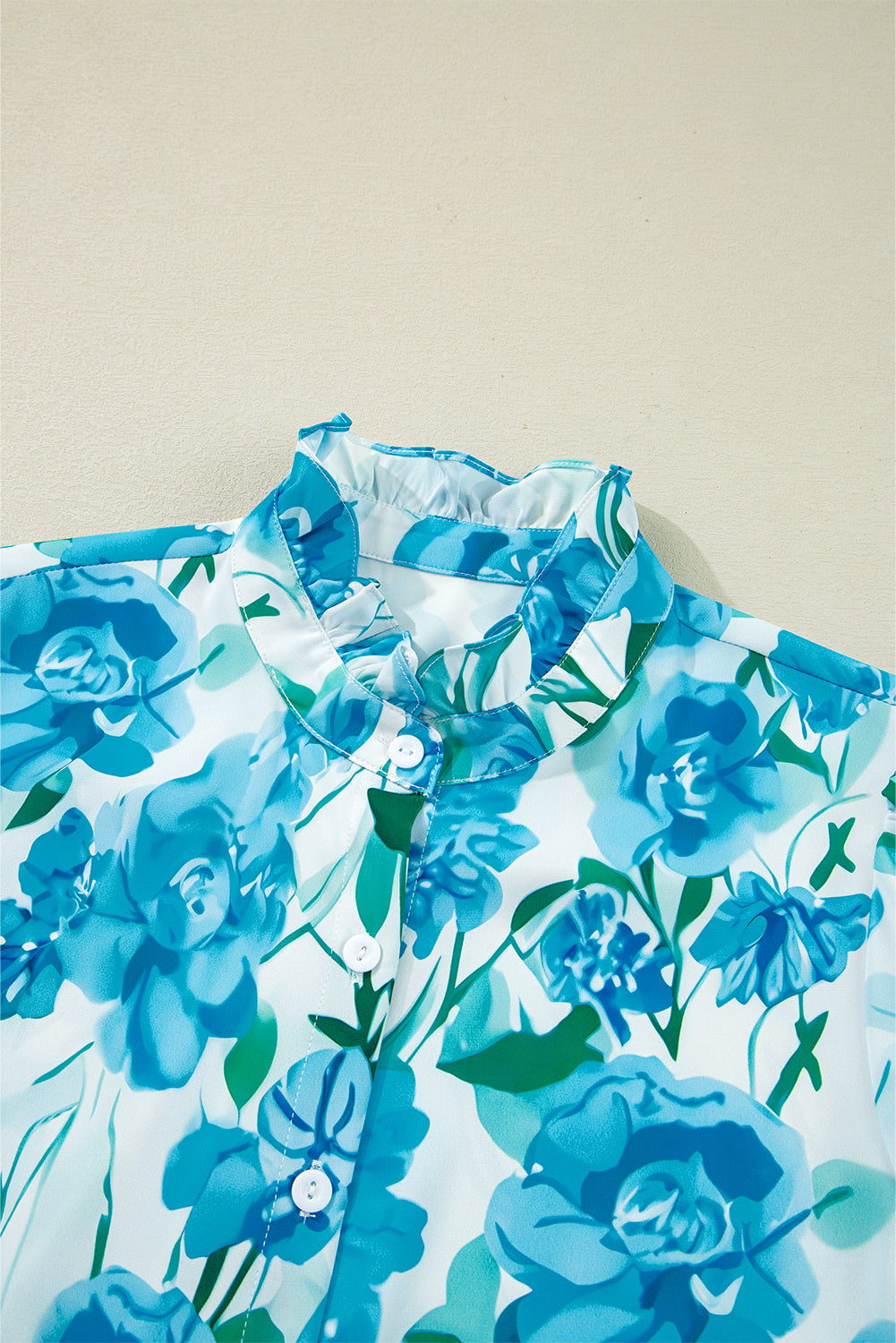 Green Floral Print Stand Neck Puff Sleeve Shirt