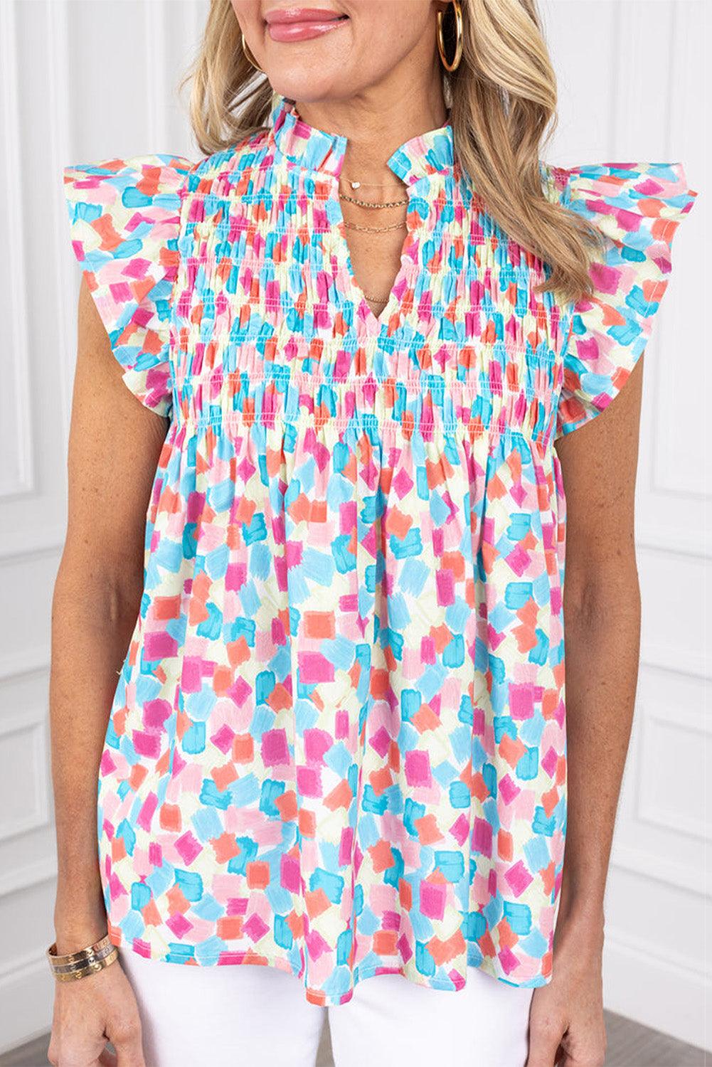 Pink Shirred Yoke Ruffle Abstract Blouse - The Fair Lady Shop