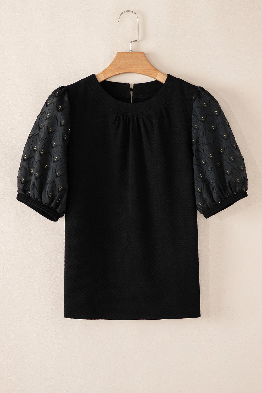 Black Bubble Sleeve Patchwork Textured Top - The Fair Lady Shop