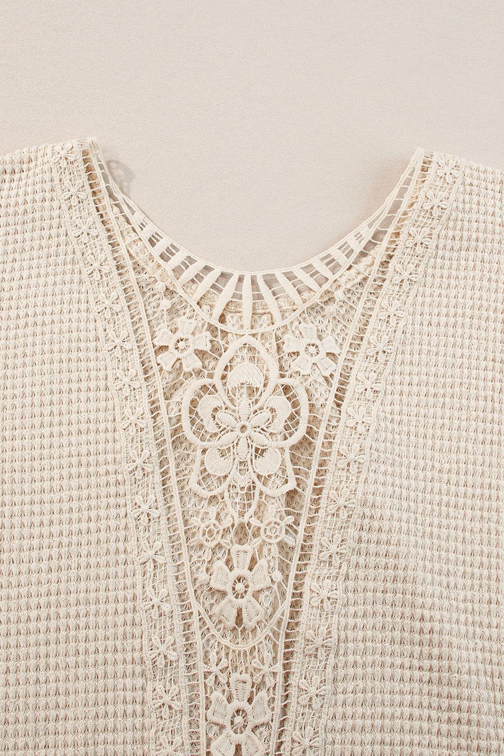 Oatmeal Guipure Lace Splicing Back Waffle Textured T-shirt - The Fair Lady Shop