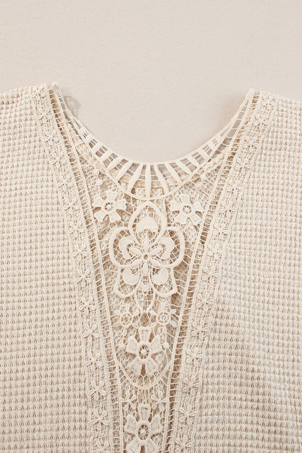 Oatmeal Guipure Lace Splicing Back Waffle Textured T-shirt - The Fair Lady Shop