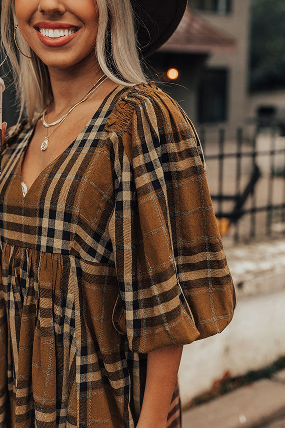 Brown Plaid Pattern Empire Waist Babydoll Dress - The Fair Lady Shop