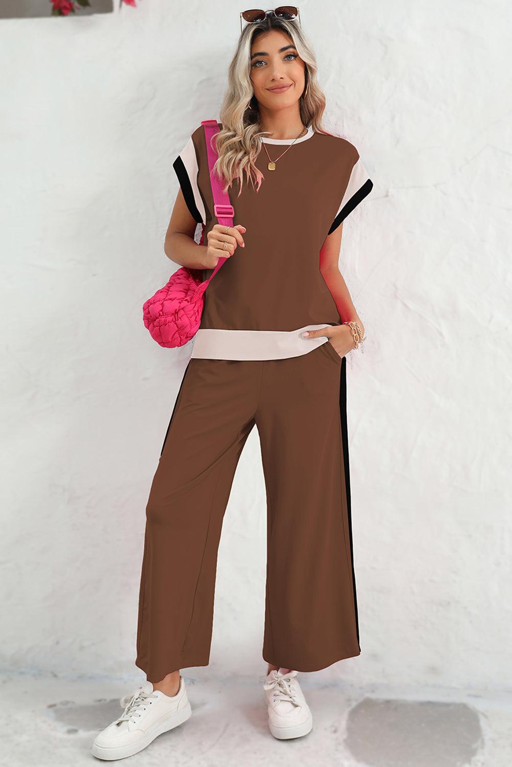 Chestnut Colorblock Cap Sleeve Tee and Wide Leg Pants Set - The Fair Lady Shop