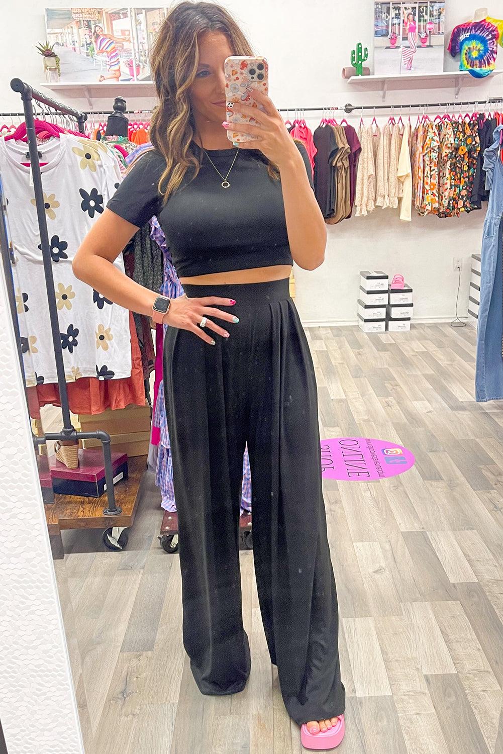 Strawberry Pink Plain Slim Fit Crop Top And Wide Leg Pants Set - The Fair Lady Shop