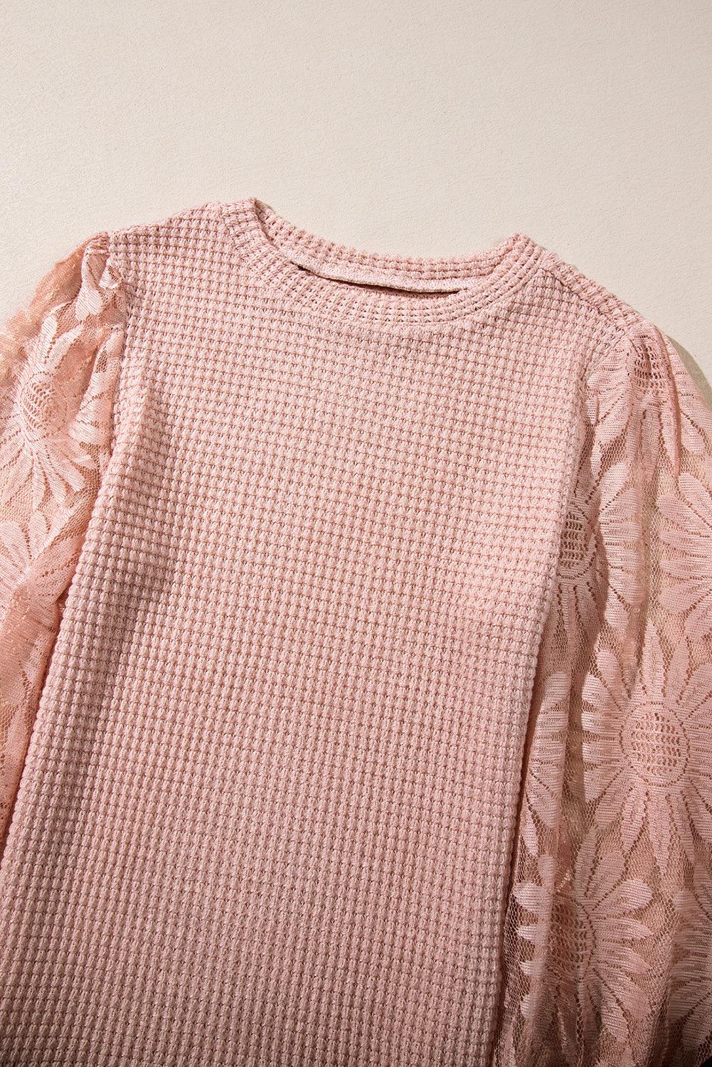 Peach Blossom Sunflower Lace Long Sleeve Waffle Knit Top - The Fair Lady Shop